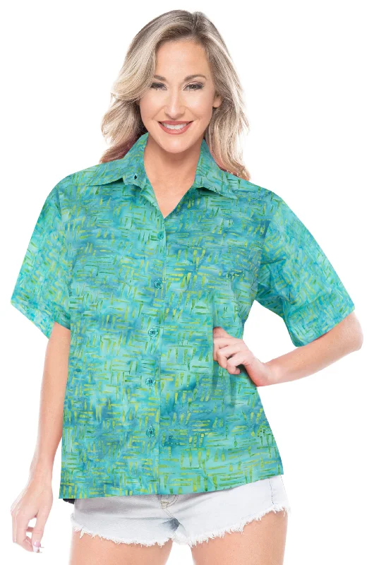 LA LEELA Women's Beach Button Down Short Sleeve Casual hand printed Blouse Turquoise Everyday Stylish Blouse