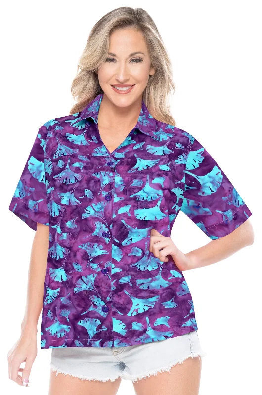 LA LEELA Women's Beach Button Down Short Sleeve Casual Floral leaf hand printed Blouse Purple Chic Off-Shoulder Blouse