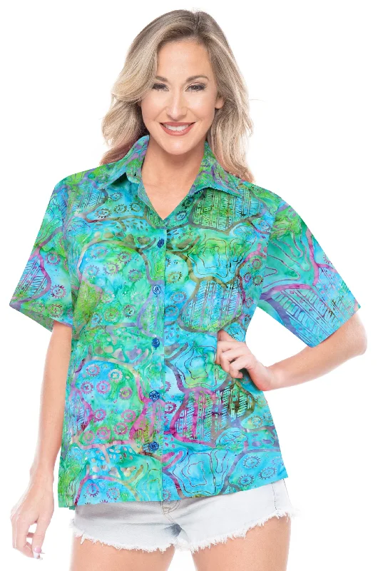 LA LEELA Women's Beach Button Down Short Sleeve Casual 100% cotton hand printed Blouse Multicolor Ruched Sleeve Blouse