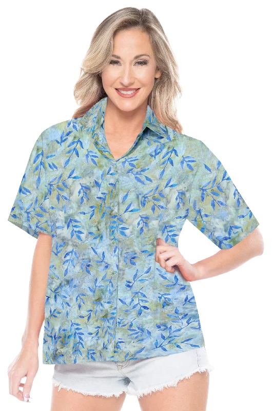 LA LEELA Women's Beach Button Down Short Sleeve Casual Leaf hand printed Blouse sky Blue Airy Cotton Blouse