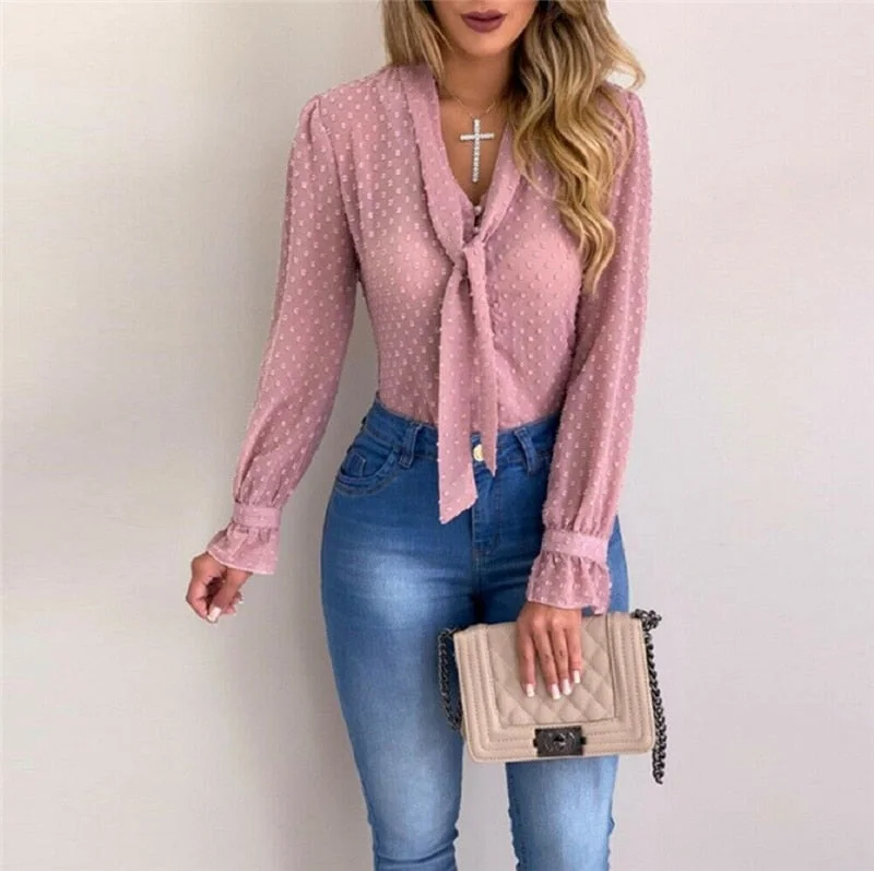 Long Sleeve Women Blouses Shirts Sexy V Neck Female Ladies Mesh Sheer Long Sleeve Top Shirt Blouse Casual Tee Shirt Modern Work Blouse