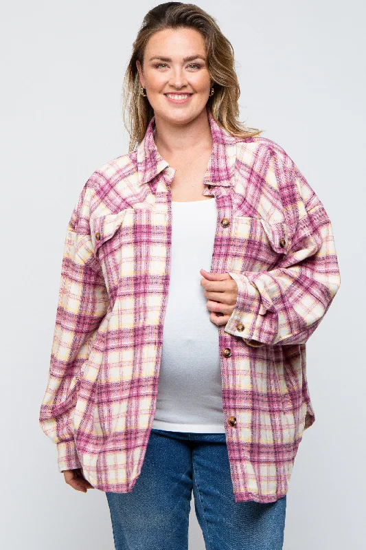 Magenta Flannel Plaid Button Up Maternity Plus Shacket Mandarin Collar Blouse