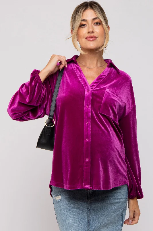 Magenta Velvet Button Front Collared Maternity Blouse Stylish Wrap Blouse