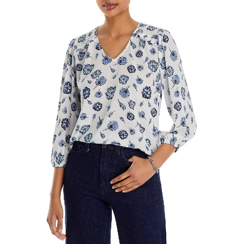 Milano Womens Smocked Floral Print Blouse Casual Button Blouse