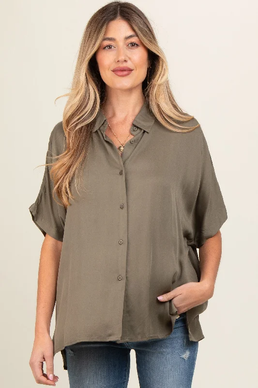 Olive Dolman Sleeve Button Down Maternity Blouse Casual Stripe Blouse