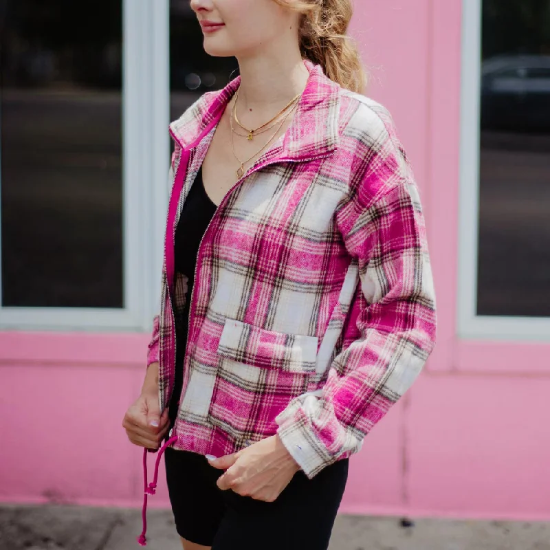 Pink Plaid Cropped Shacket Womens Slim Fit Blouse