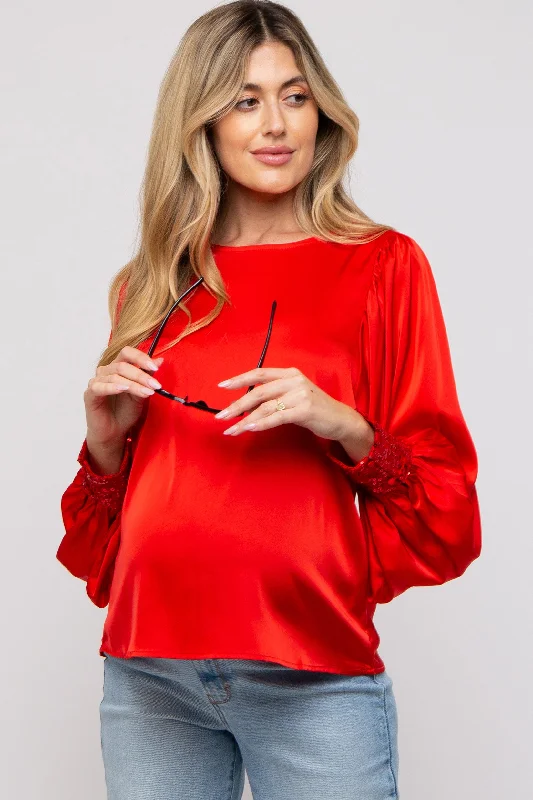 Red Satin Sequin Cuff Maternity Blouse Modern Oversized Blouse