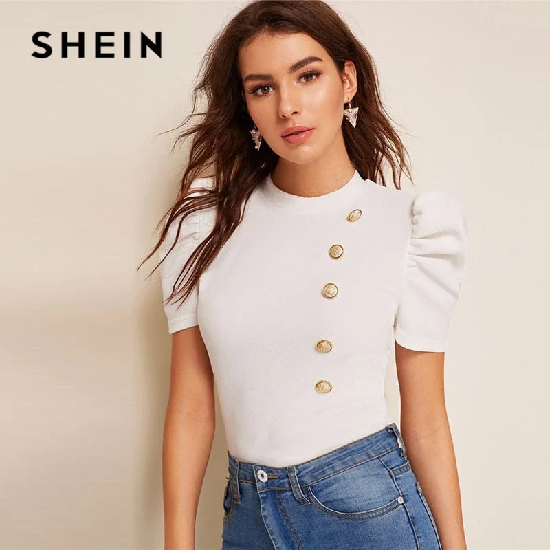 SHEIN Mock-Neck Puff Sleeve Button Front White Blouse Ladies Tops Summer Elegant Slim Fit Solid Short Sleeve Blouse Top Frilled Cuff Blouse