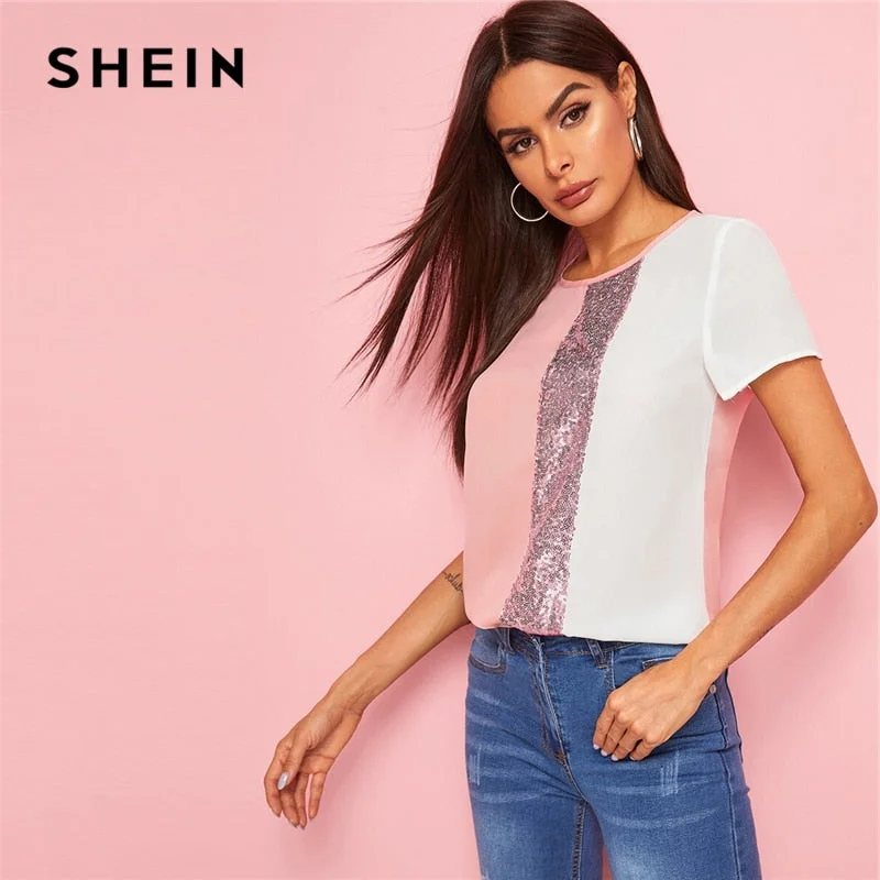 SHEIN Sequins Contrast Panel Spliced Cut-And-Sew Top Womens Tops and Blouses 2019 Casual Colorblock Short Sleeve Summer Blouses Semi-Sheer Blouse