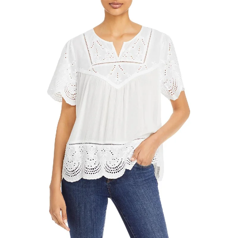 Single Thread Womens Eyelet Short Sleeve Blouse Chic Wrap Blouse