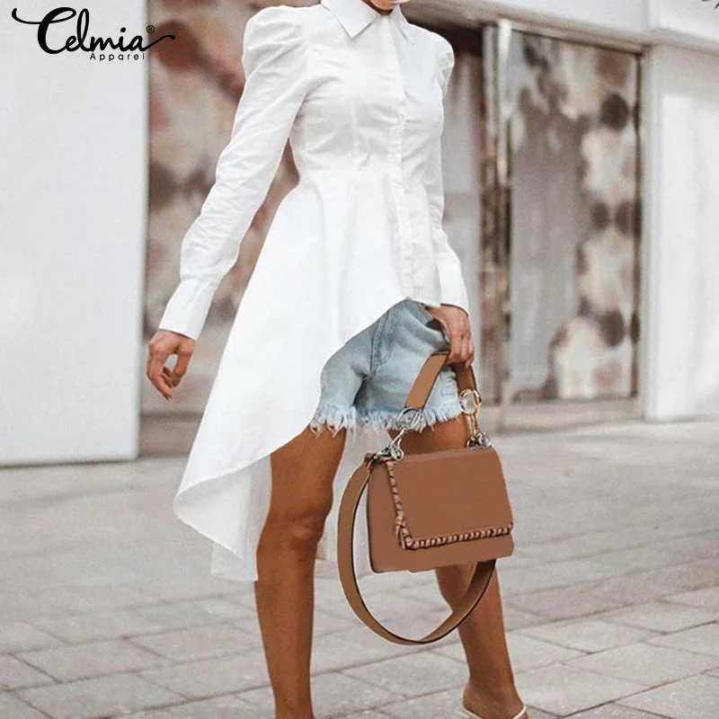 Stylish Tunic Tops Celmia 2019 Autumn Women Shirts Lapel Neck Long Sleeve Asymmetrical Blouses Casual Solid Party Blusas Mujer Embellished Collar Blouse