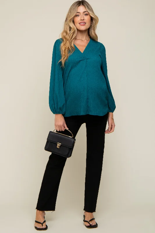 Teal Textured Long Sleeve Maternity Blouse Classic Striped Blouse