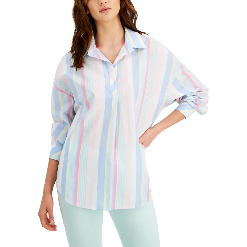 Tommy Hilfiger Womens Cotton Striped Blouse Oversized Silk Blouse