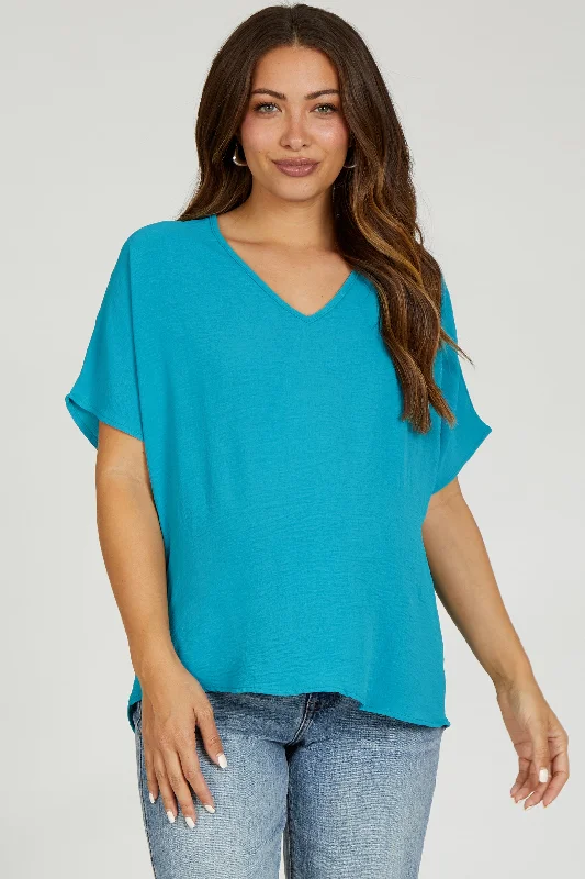 Turquoise Short Sleeve Maternity Blouse Silky Tunic Blouse