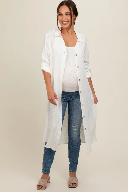 White Collared Button Down Long Maternity Blouse Chic Ruffle Blouse