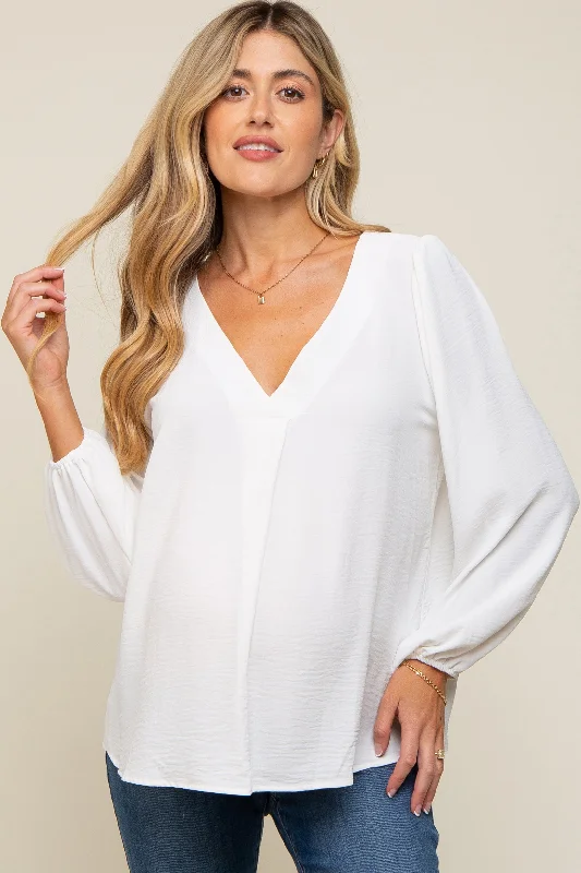 White Long Puff Sleeve Maternity Blouse Top Side Tie Blouse