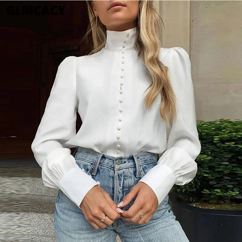 Women Solid Long Sleeve Single Breasted Blouses Tops Classy OL Workwear Chic Streetwear Autumn Shirts Elegant Tops Drape Neck Blouse