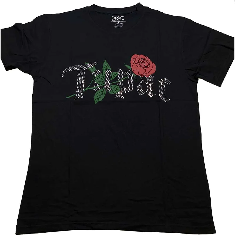 Tupac | Official Band T-Shirt | Rose Logo (Diamante) Thin T-Shirt Open Front Quick Dry