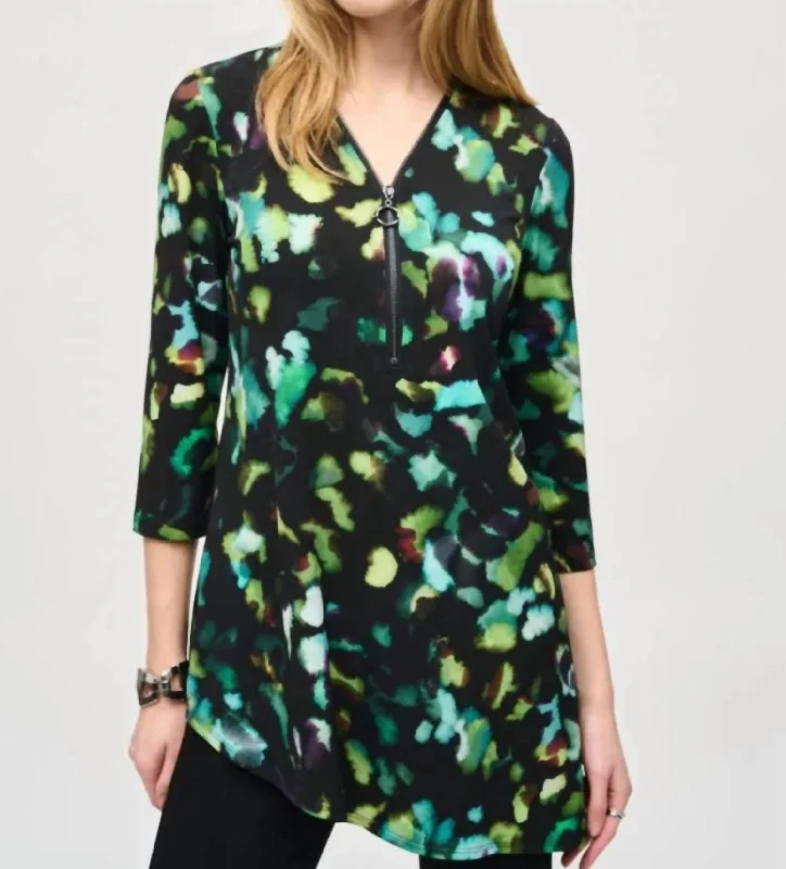 Abstract Print Blouse In Black Multi Sheer Sleeve Blouse