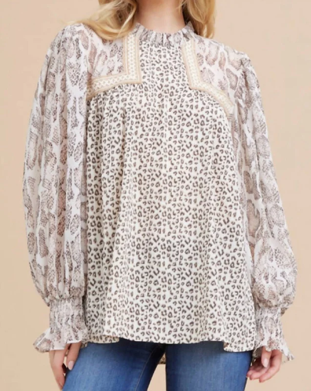 Animal Print Mix Long Sleeve Blouse In Brown Multi Mandarin Collar Blouse