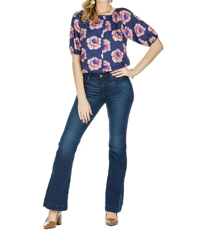 Annabella Button Peasant Blouse In Navy Rose Subtle Shimmer Blouse