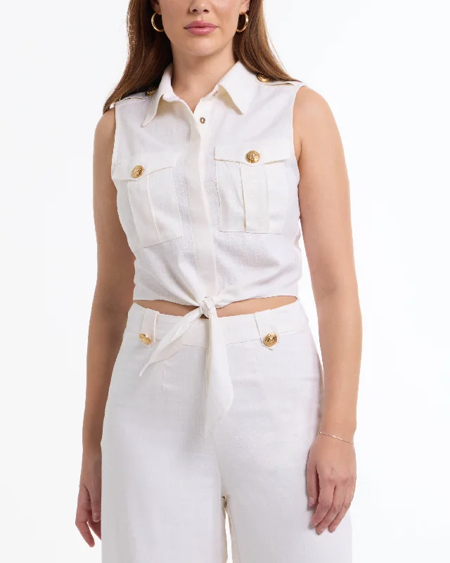 BEBE Women's Linen Blend Front Tie Blouse Feminine Puff Blouse