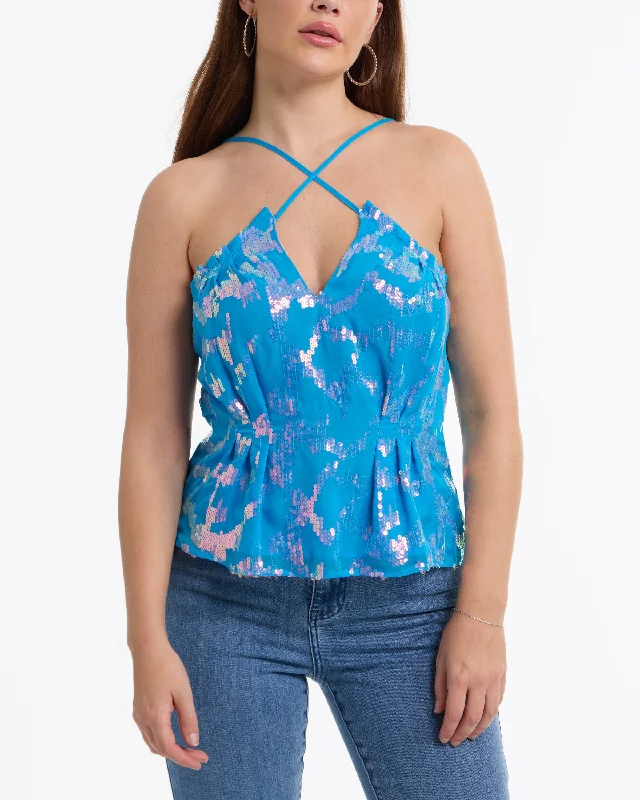 BEBE Women's Sequin Chiffon Cross Neck Blouse Chic Square Blouse