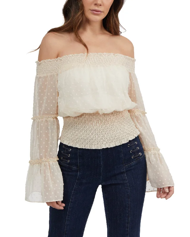 Bebe Women's Swiss Dot Bell Sleeve Blouse Flowy Bohemian Blouse