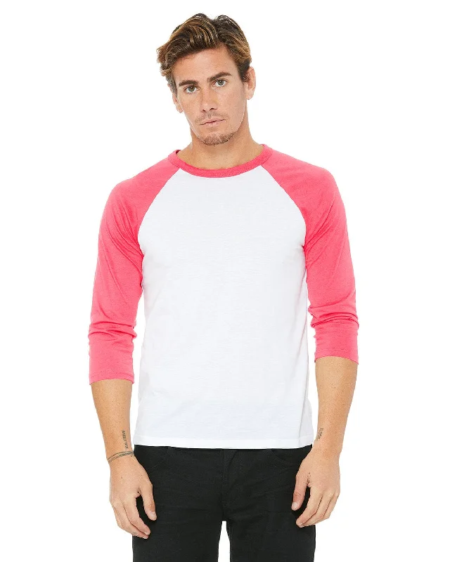 Bella+Canvas Unisex Triblend 3/4-Sleeve Baseball T-Shirt | White/ Neon Pink Fashionable Trendy Casual