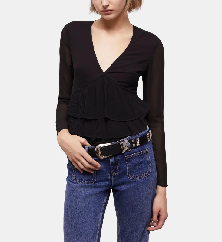 Black Blouse Collared Satin Blouse