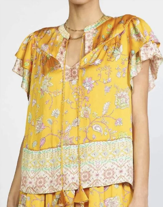 Border Printed Flutter Sleeve Split Neck Blouse W/ Self Tie In Yellow Multi Lightweight Tunic Blouse