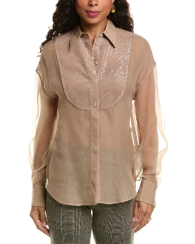 Brunello Cucinelli Sheer Silk Blouse Balloon Sleeve Blouse
