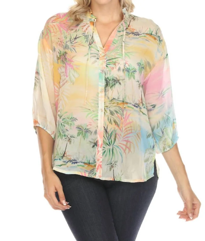 Cathryn Button-Down Blouse In Raffia Print Flowy Bohemian Blouse