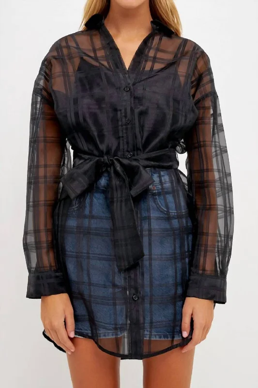 Checked Organza Tie Blouse In Black Modern Work Blouse