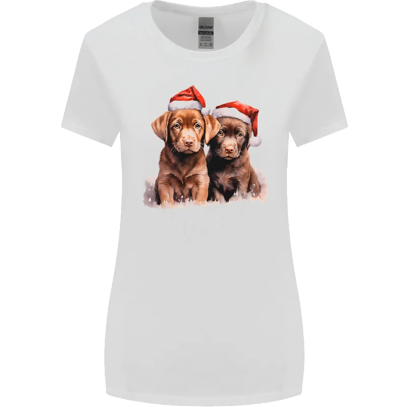 Chocolate Labrador Christmas Puppies Xmas Womens Wider Cut T-Shirt V-Neck T-Shirt Long Sleeve Cotton