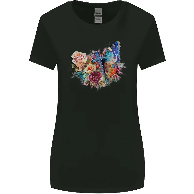 Christian Cross & Butterfly With Flowers Womens Wider Cut T-Shirt Solid Color Striped Floral