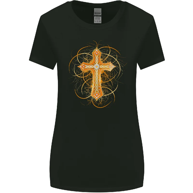 Christian Cross Medieval Fantasy Gothic Womens Wider Cut T-Shirt Elasticated Padded Insulated