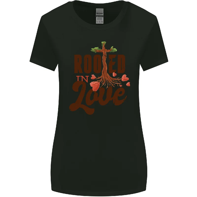 Christian Rooted in Love Christianity Jesus Womens Wider Cut T-Shirt Jersey Fabric Tulle Fabric Batik Fabric