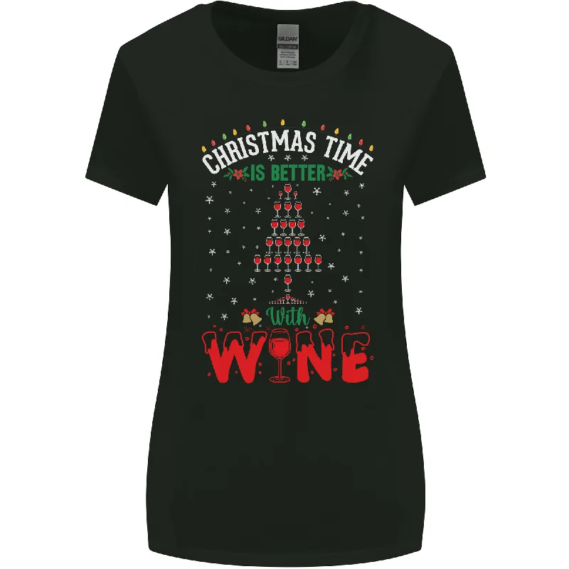 Christmas Better With Wine Funny Alcohol Womens Wider Cut T-Shirt Mesh Blend Leather Blend Suede Blend