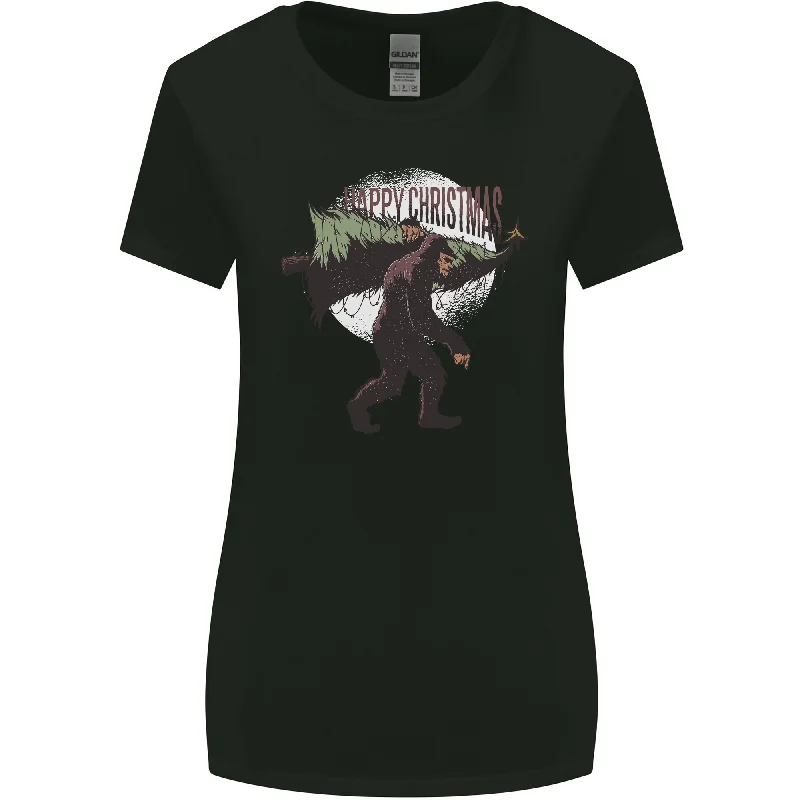 Christmas Bigfoot With an Xmas Tree Womens Wider Cut T-Shirt V-Neck T-Shirt Long Sleeve Cotton