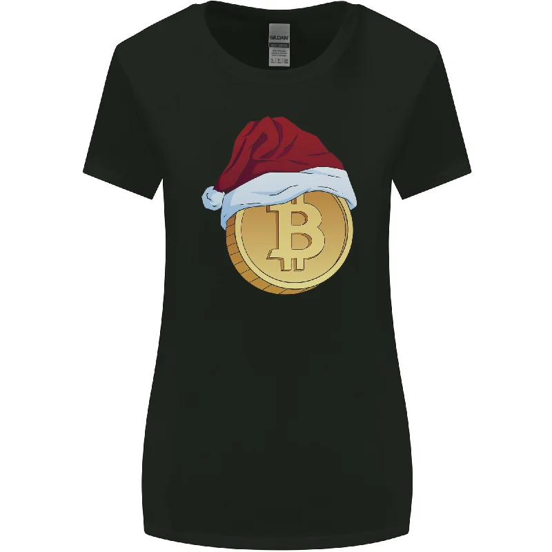 Christmas Bitcoin Wearing a Christmas Hat Crypto Womens Wider Cut T-Shirt Hooded Caped Shawl Collar