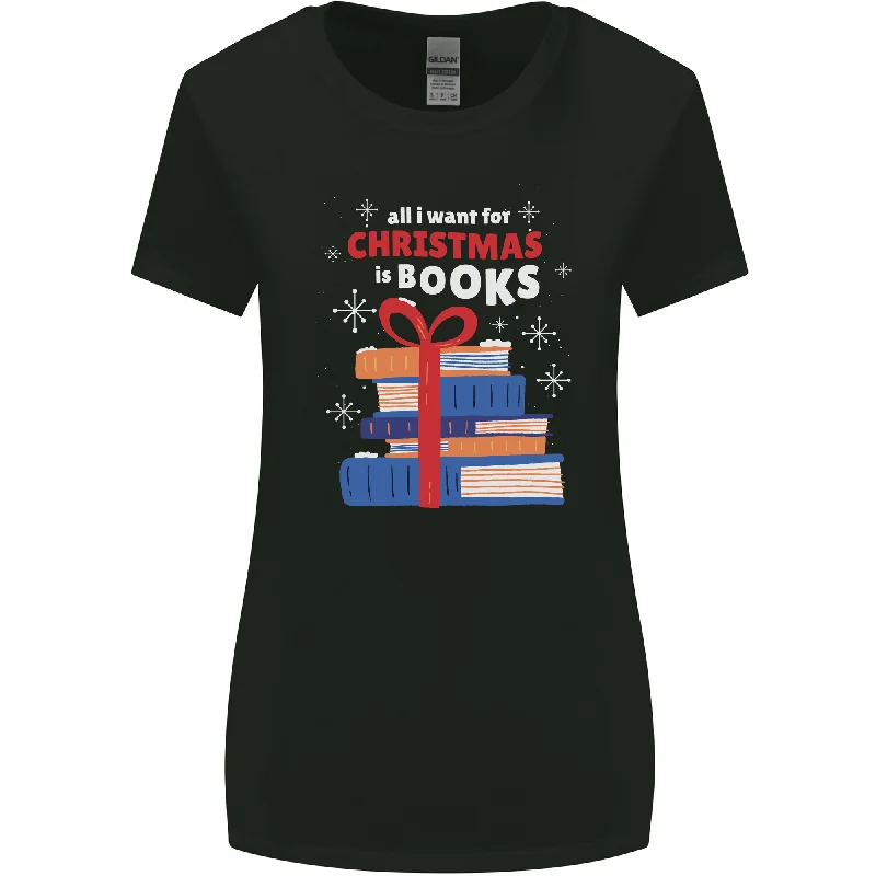 Christmas Books Funny Xmas Reading Bookworm Womens Wider Cut T-Shirt Real Fur Shearling Chenille