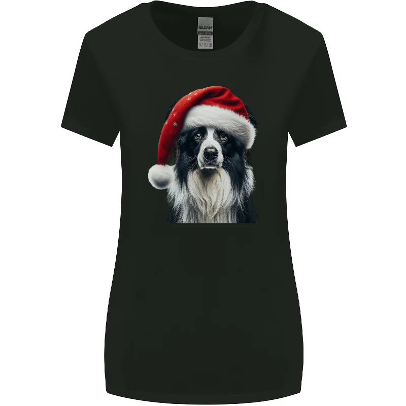 Christmas Border Collie Wearing an Xmas Hat Dog Womens Wider Cut T-Shirt Lace Blend Ribbed Blend Corduroy Blend