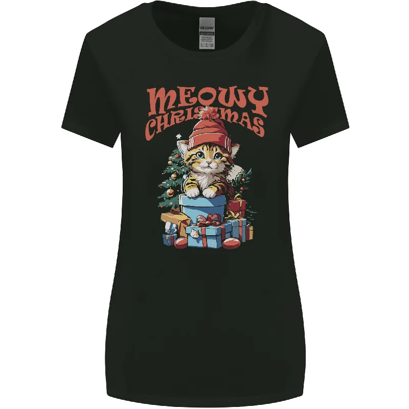 Christmas Cat Meowy Xmas Funny Womens Wider Cut T-Shirt Embroidered Appliqued Beaded