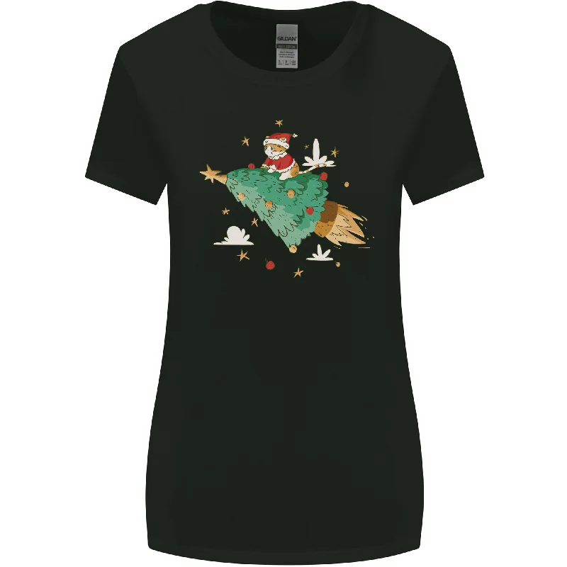 Christmas Cat Space Rocket Xmas Tree Ship Womens Wider Cut T-Shirt Print Jacquard Patchwork