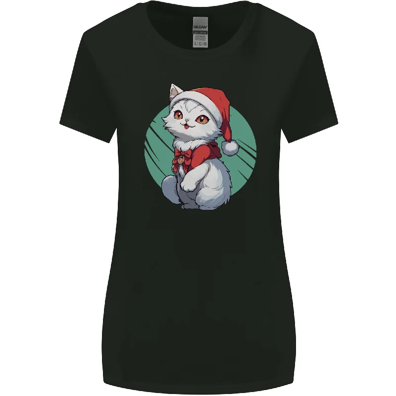 Christmas Cat With Green Background Womens Wider Cut T-Shirt Zippered Buttoned Snapped