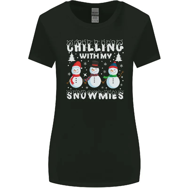 Christmas Chilling With My Snowmies Funny Womens Wider Cut T-Shirt Embroidered Appliqued Beaded