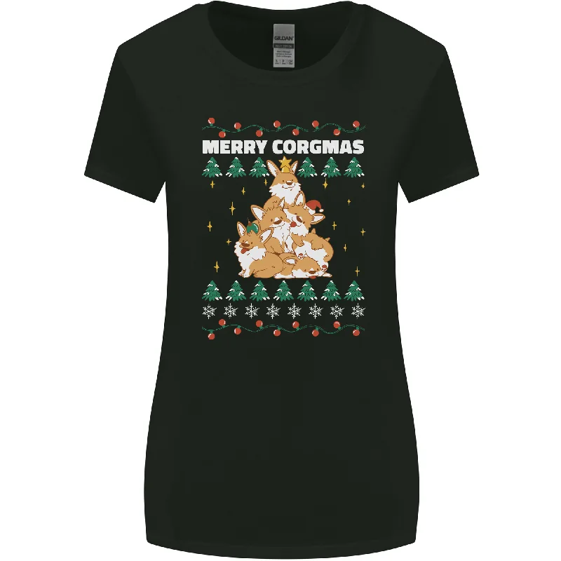 Christmas Corgi Dog Tree Xmas Womens Wider Cut T-Shirt Chenille Brocade Lace