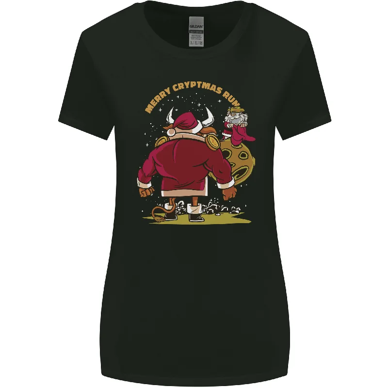 Christmas Crypto Bull Xmas Cryptocurrency Womens Wider Cut T-Shirt Beaded Sequined Faux Fur