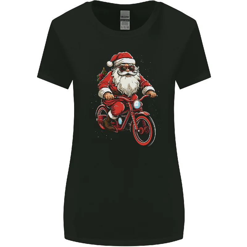 Christmas Cycling Santa Claus Bicycle Womens Wider Cut T-Shirt Mesh Blend Leather Blend Suede Blend